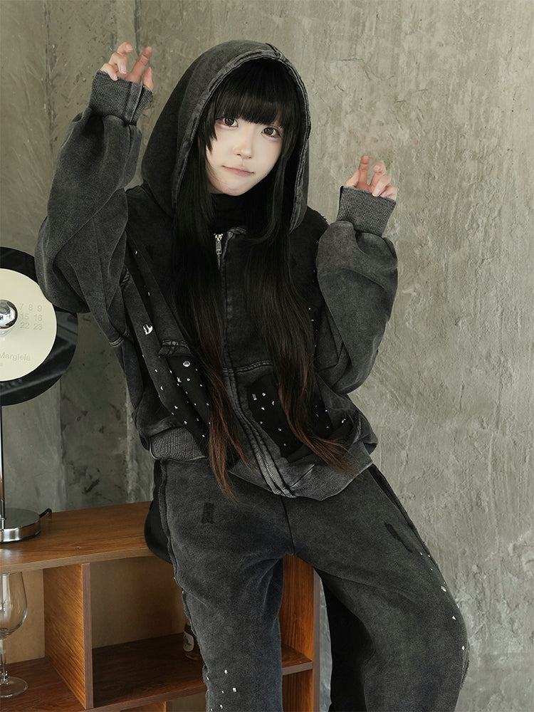 ウォッシュドブラック スパンコール ダメージ ジップフーディー