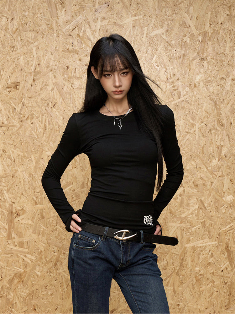 クロスプリント スリムシルエット 長袖トップス