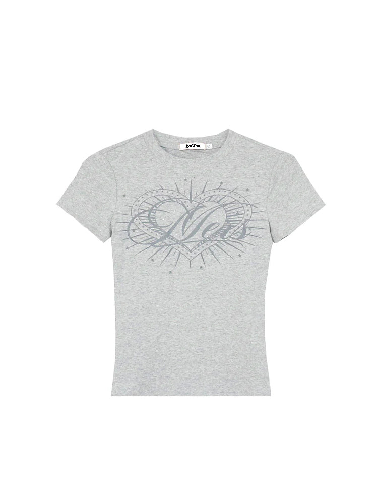 ギャル系ラインストーンハートプリントカジュアルフィットTシャツ
