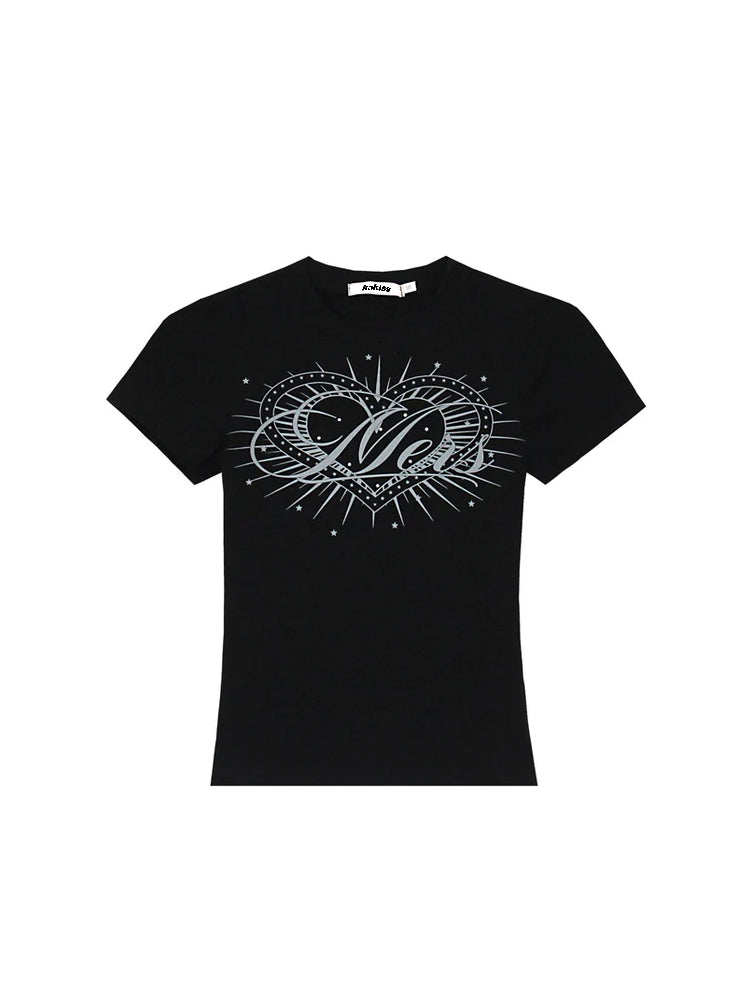 ギャル系ラインストーンハートプリントカジュアルフィットTシャツ