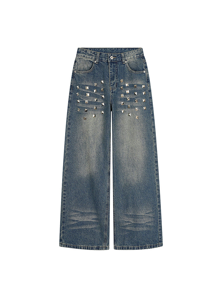 スタッズ付き ヴィンテージウォッシュ デニムパンツ