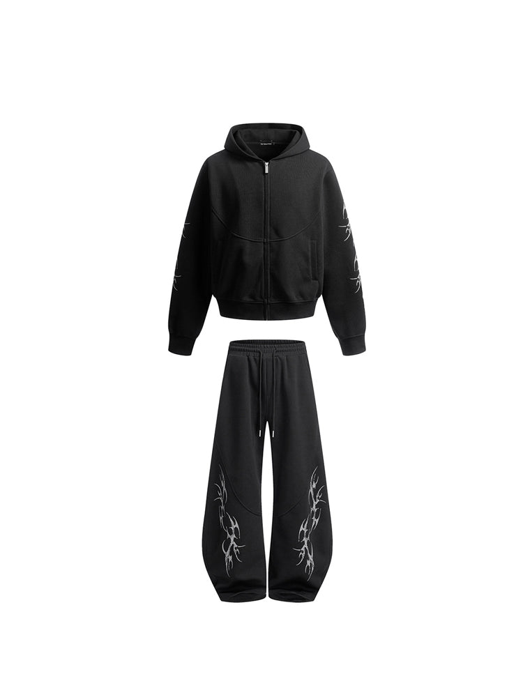 プリント カジュアル ジップアップフーディー セットアップ