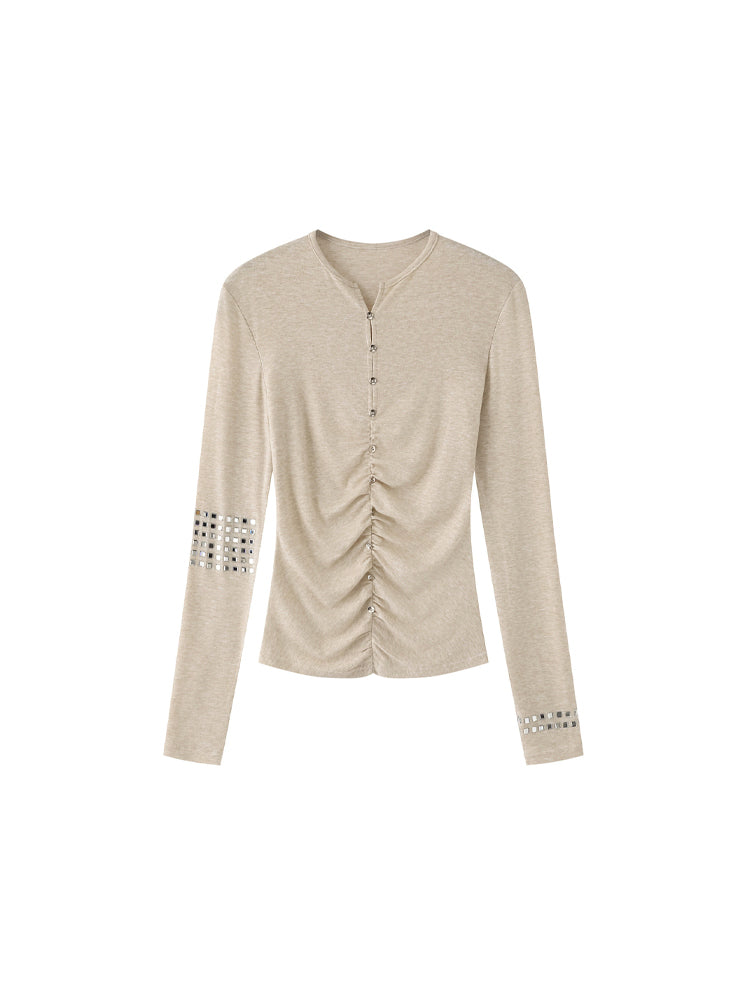 ラインストーンボタン ロングスリーブトップス