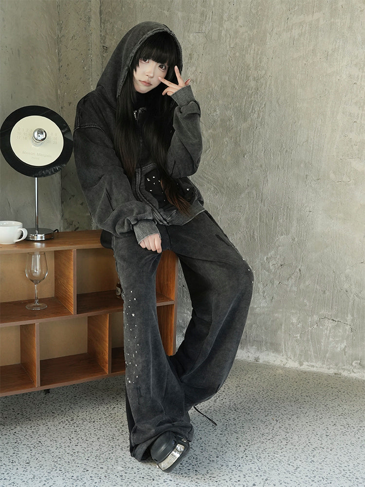 ウォッシュドブラック スパンコール ダメージ ジップフーディー