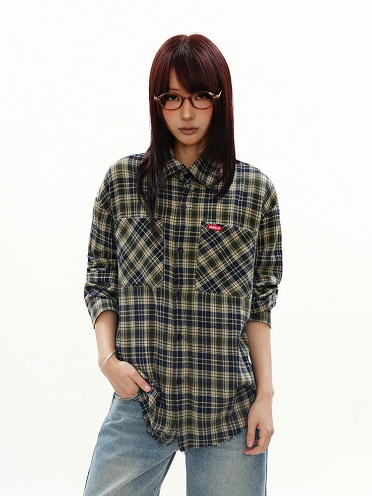 ヴィンテージ 配色 ブルー×グリーン チェックシャツ