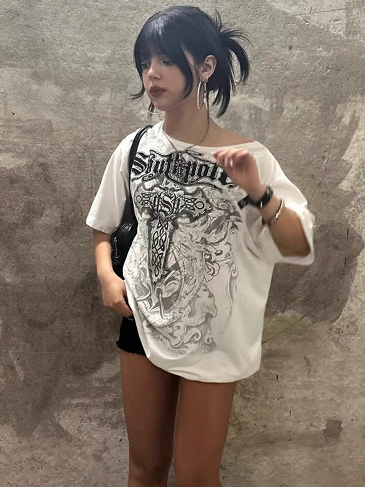 クロス柄 オフショルダー ビッグTシャツ