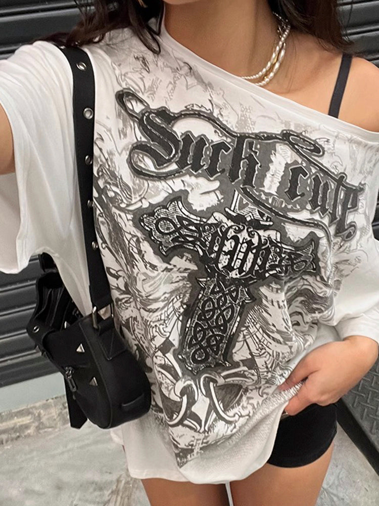 クロス柄 オフショルダー ビッグTシャツ