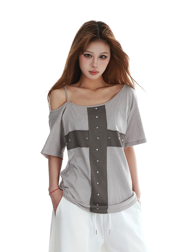 クロス×スター アシメオフショルTシャツ