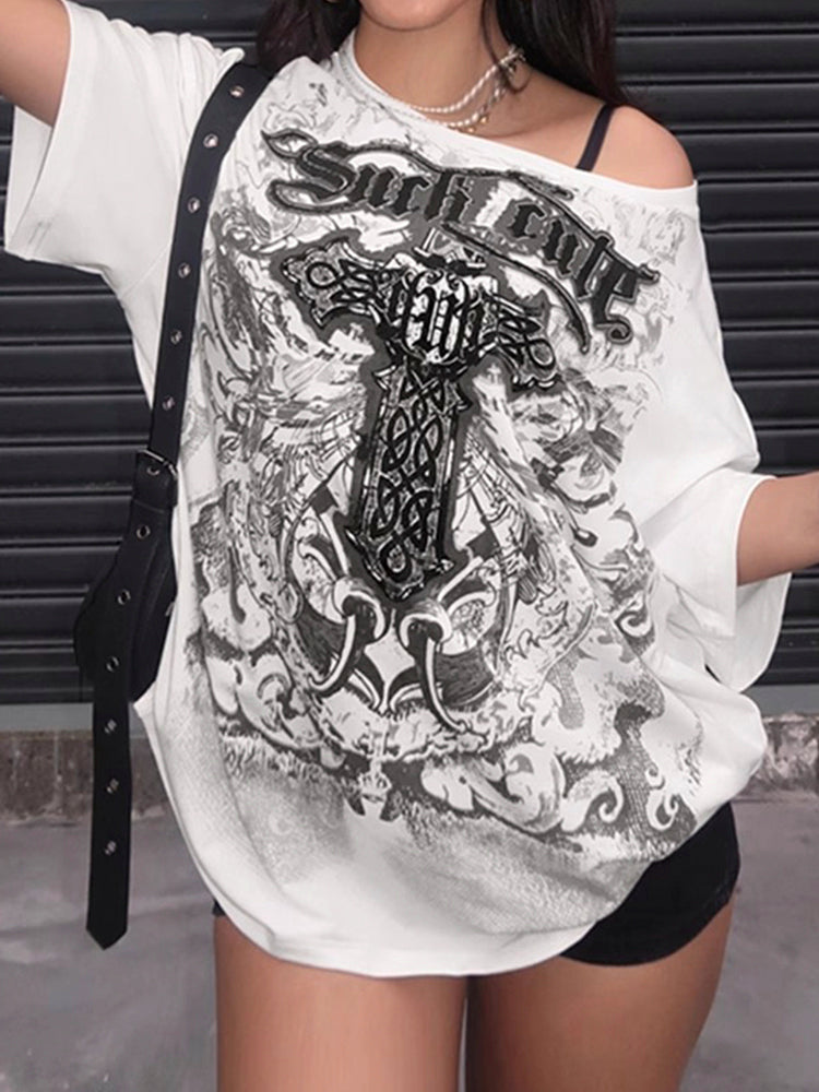 クロス柄 オフショルダー ビッグTシャツ