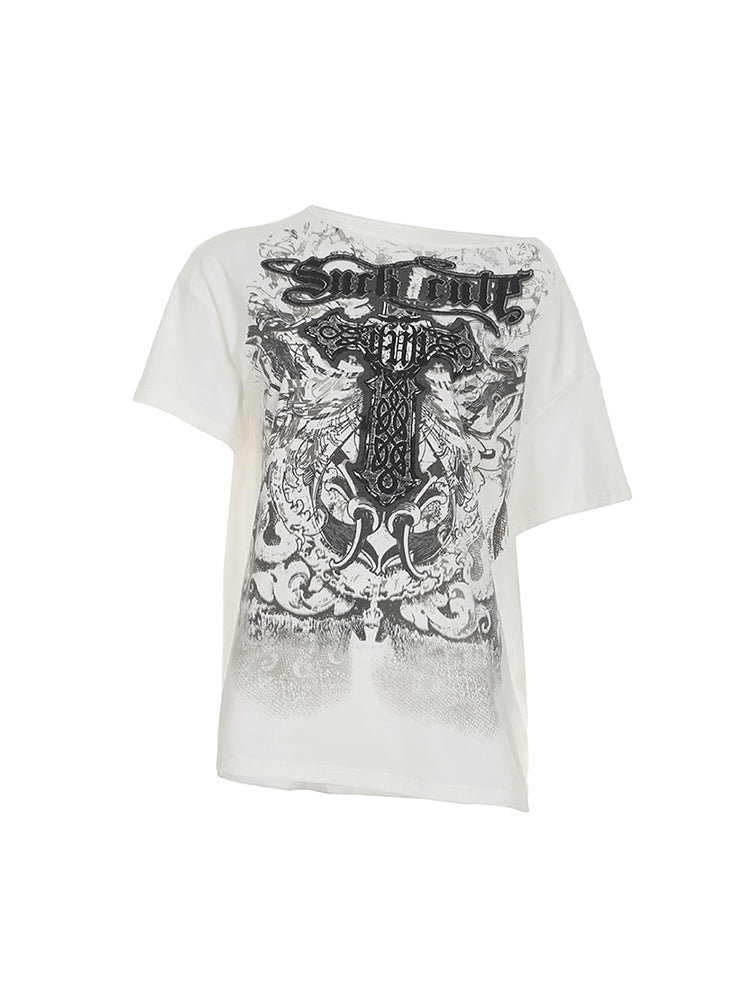 クロス柄 オフショルダー ビッグTシャツ