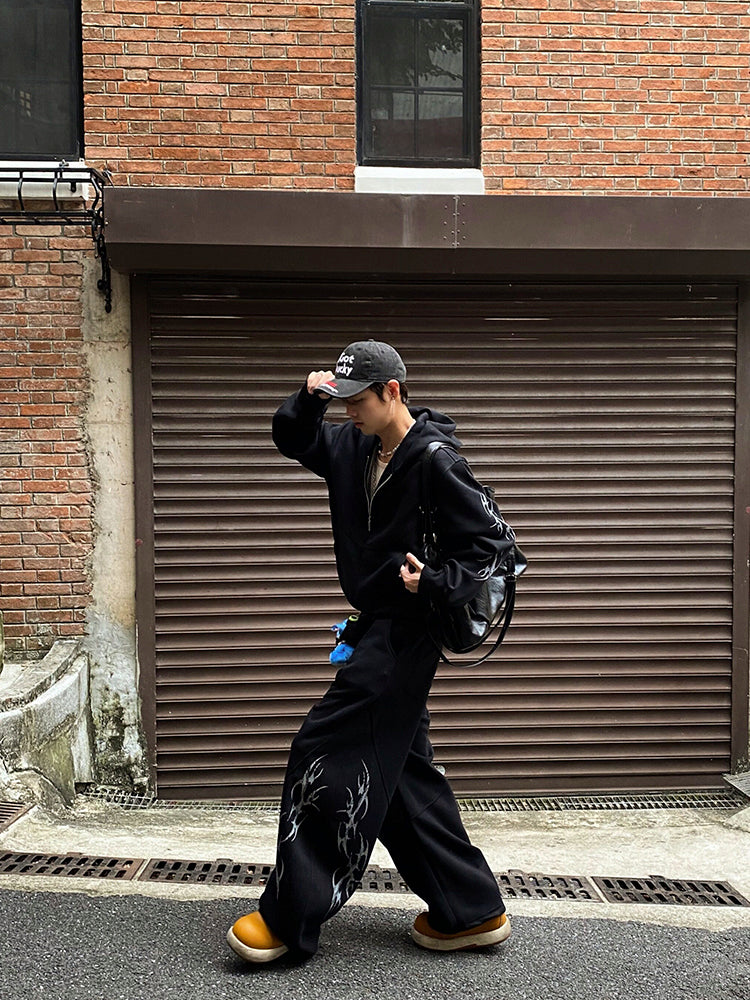 プリント カジュアル ジップアップフーディー セットアップ