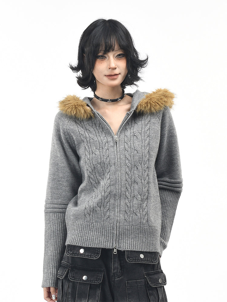 ヴィンテージフード付きニットジャケット（ファー取り外し可）