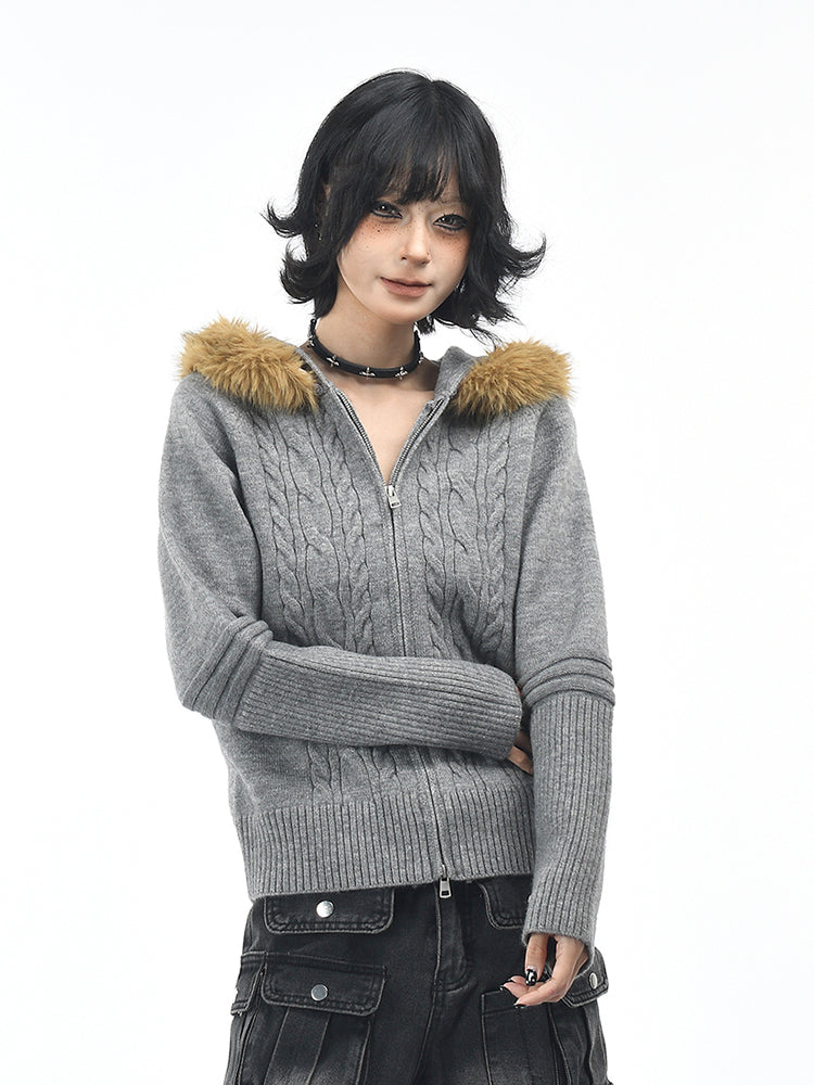 ヴィンテージフード付きニットジャケット（ファー取り外し可）