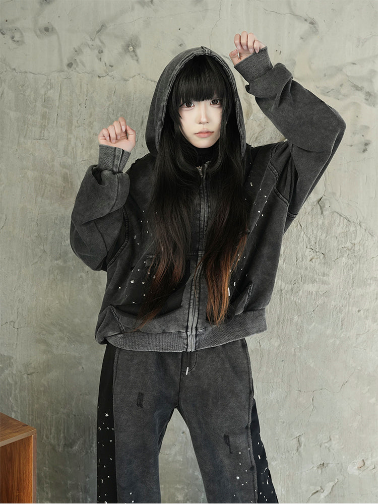 ウォッシュドブラック スパンコール ダメージ ジップフーディー