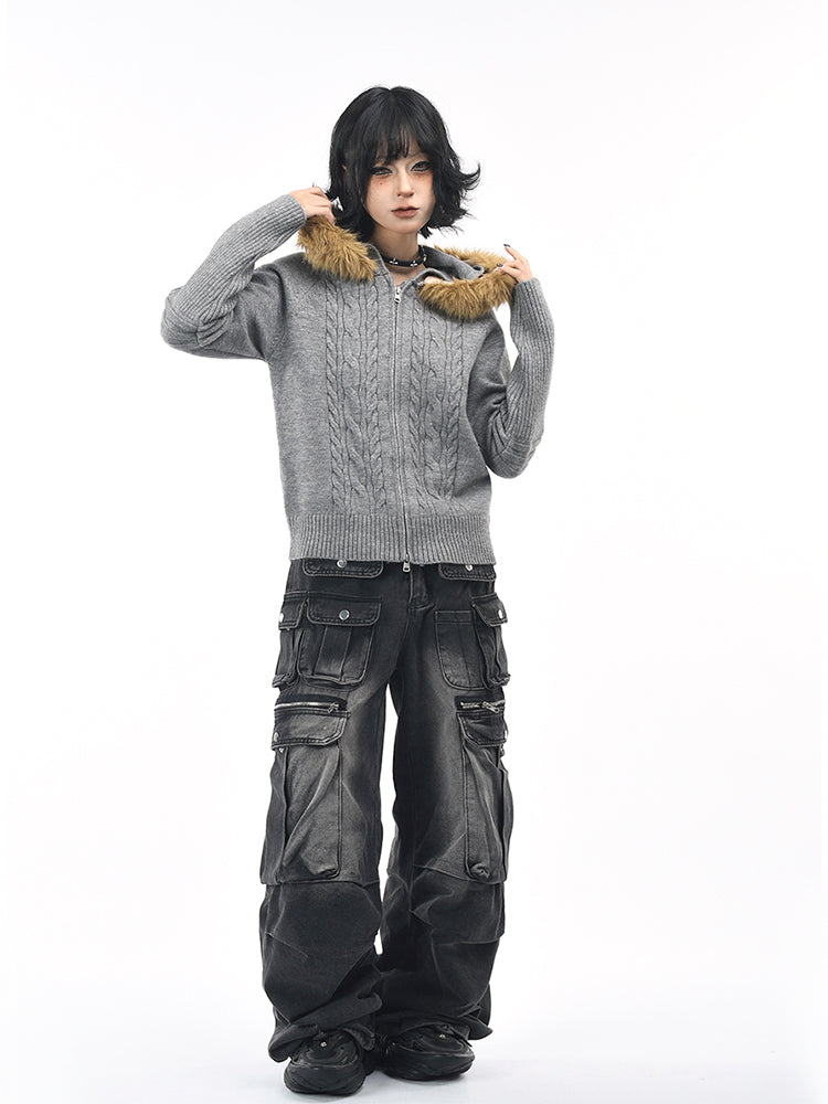 ヴィンテージフード付きニットジャケット（ファー取り外し可）