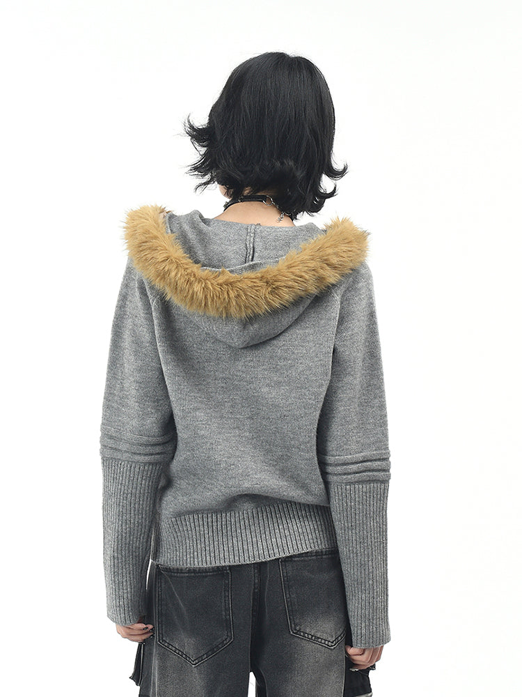 ヴィンテージフード付きニットジャケット（ファー取り外し可）