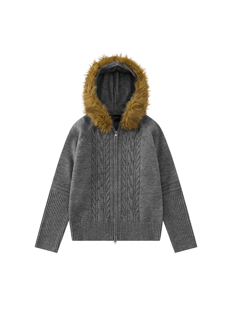 ヴィンテージフード付きニットジャケット（ファー取り外し可）
