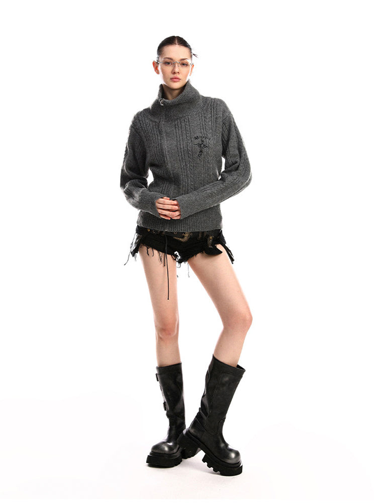 アシンメトリージップ クロス ハイネックニット