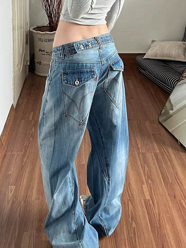 バックウエスト調節可能 ウォッシュドデニムパンツ