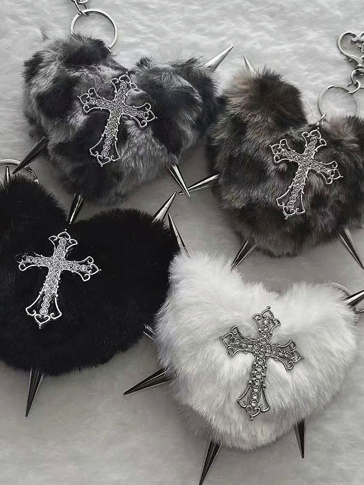 Y2K レオパードファー ハートクロス スタッズチャーム