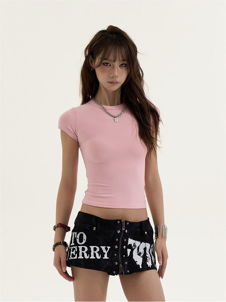 バックレースアップ無地Tシャツ