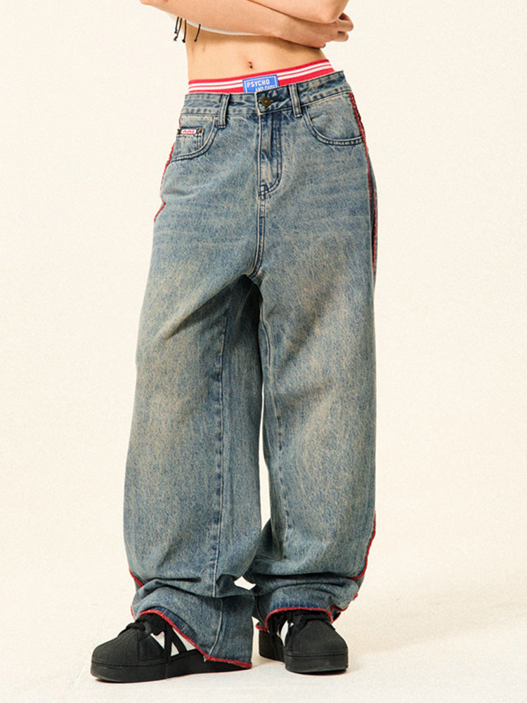 Vintage side red striped denim casual pants