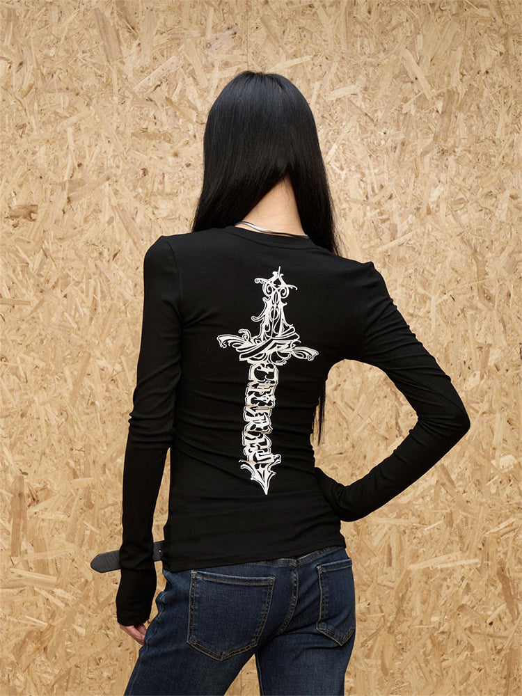 クロスプリント スリムシルエット 長袖トップス