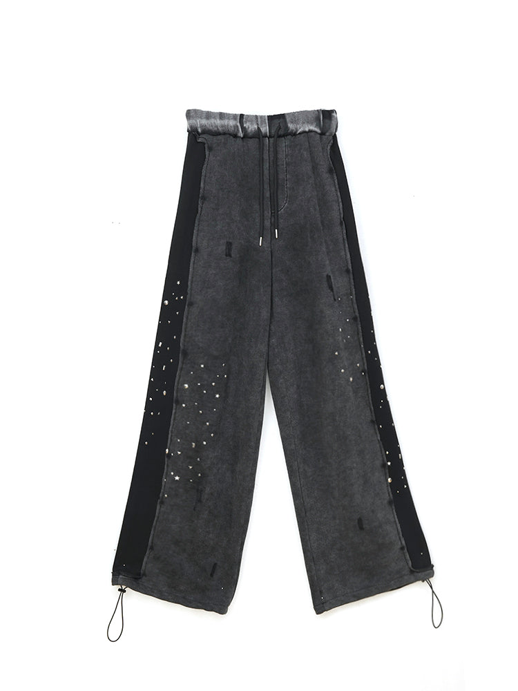 ウォッシュドブラック スパンコール ダメージ ドローストリングパンツ