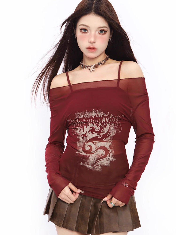 Mesh print long sleeve T-shirt