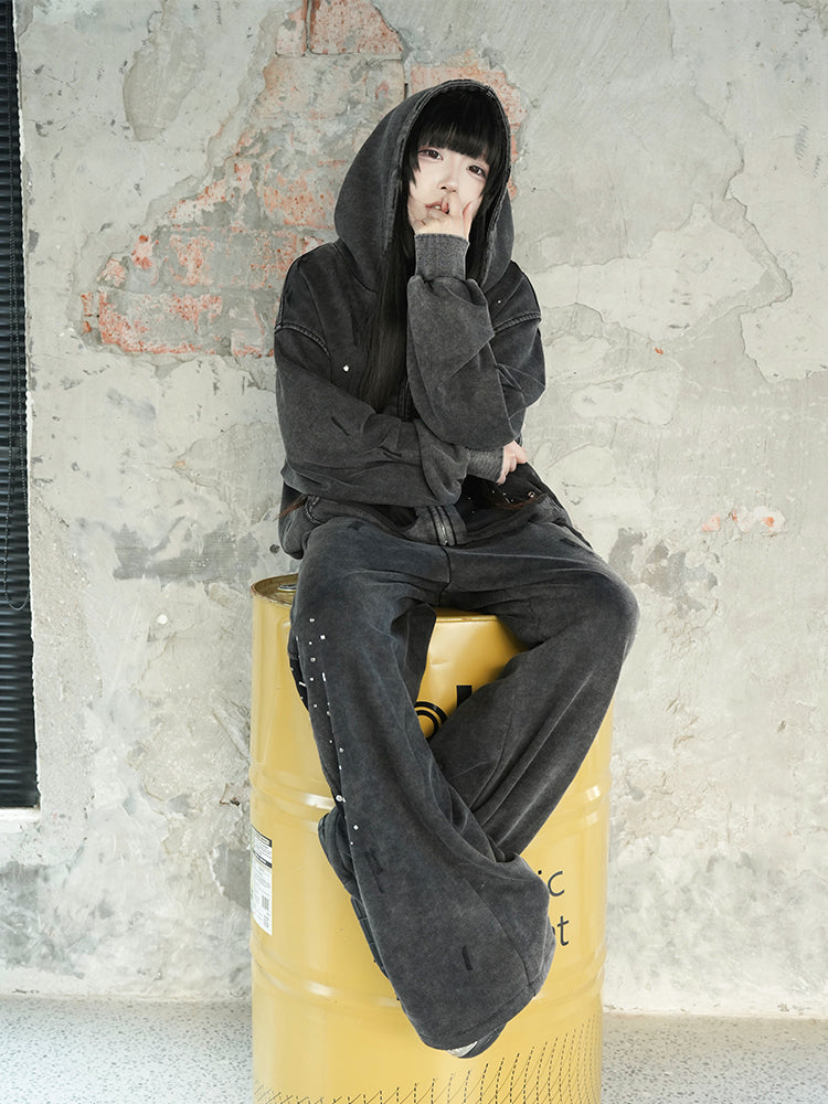 ウォッシュドブラック スパンコール ダメージ ドローストリングパンツ