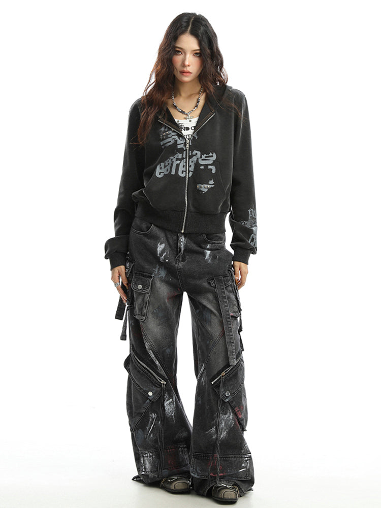 スタッズ＆グラフィティショート丈フード付きスウェット