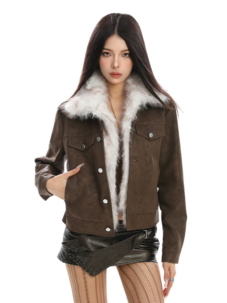 ファー付きショートレザージャケット（ファー取り外し可