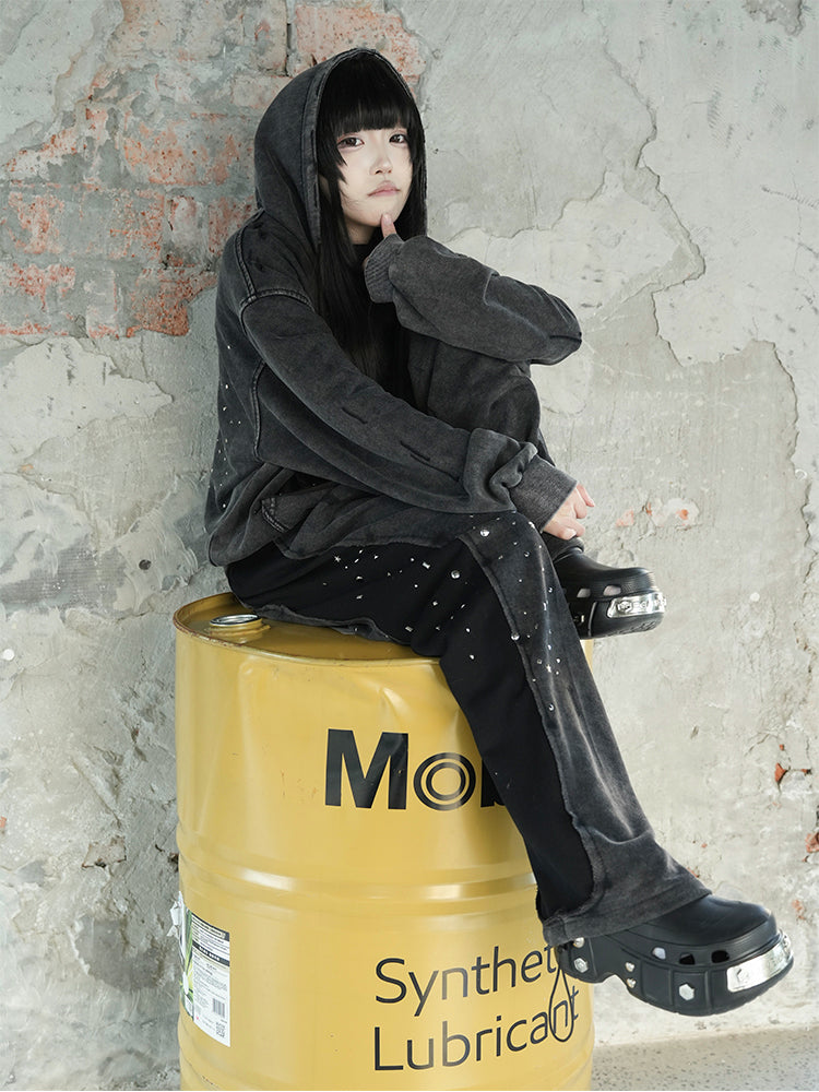 ウォッシュドブラック スパンコール ダメージ ドローストリングパンツ