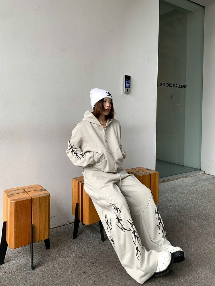 プリント カジュアル ジップアップフーディー セットアップ