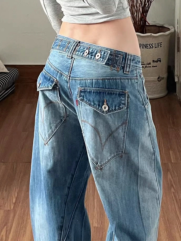 バックウエスト調節可能 ウォッシュドデニムパンツ