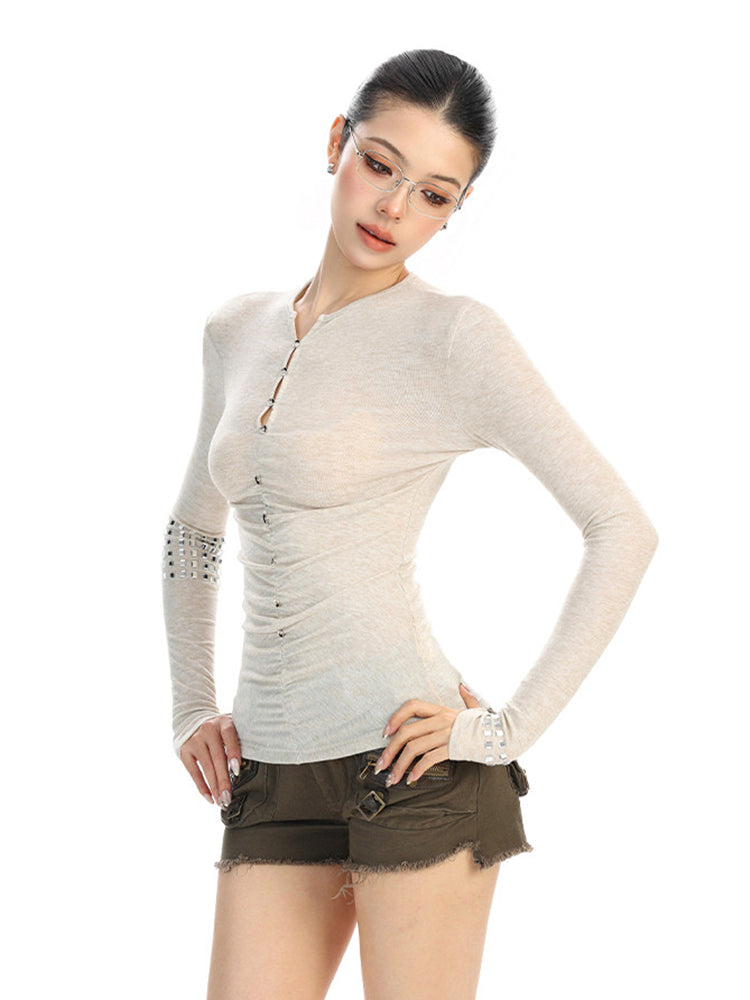 ラインストーンボタン ロングスリーブトップス