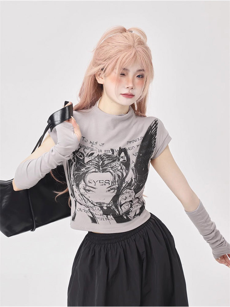 High neck, anime print short sleeves, wrist covers