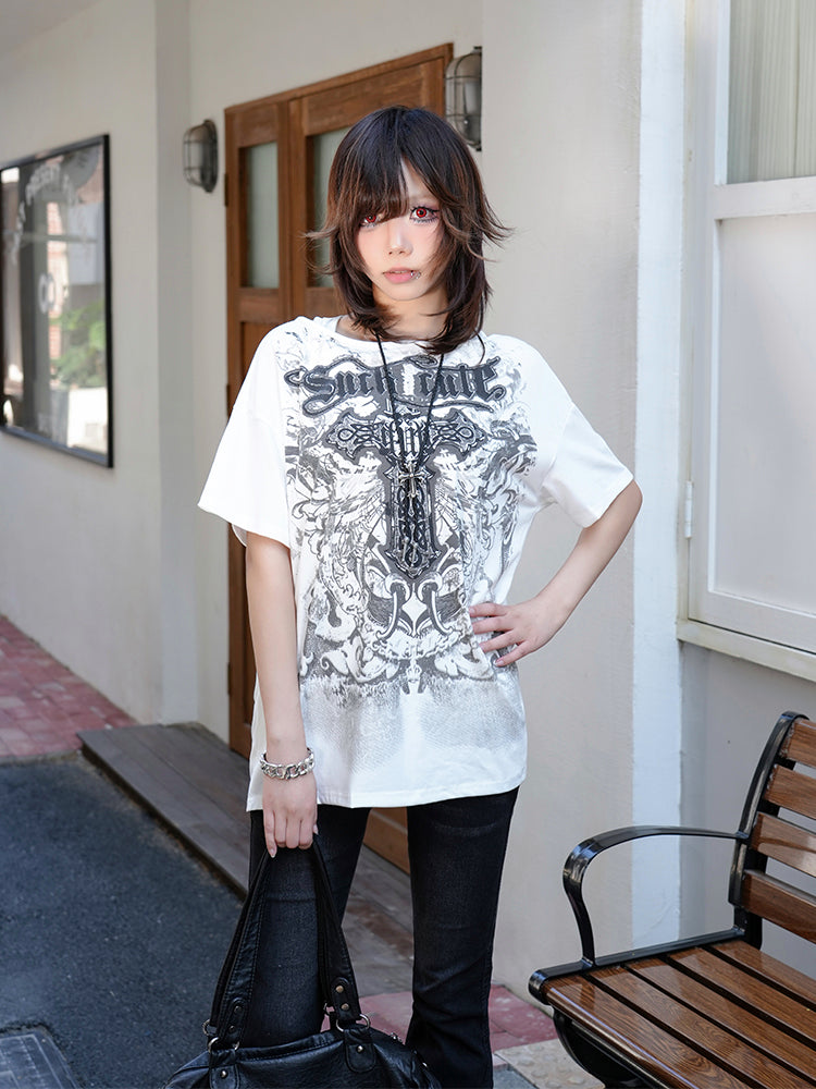 クロス柄 オフショルダー ビッグTシャツ
