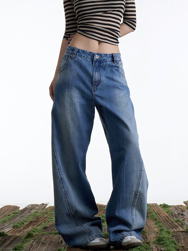 バックウエスト調節可能 ウォッシュドデニムパンツ