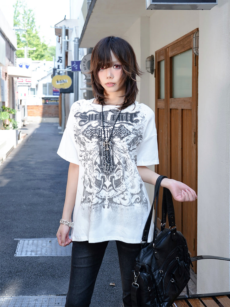 クロス柄 オフショルダー ビッグTシャツ