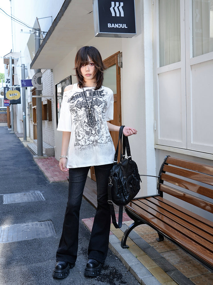 クロス柄 オフショルダー ビッグTシャツ