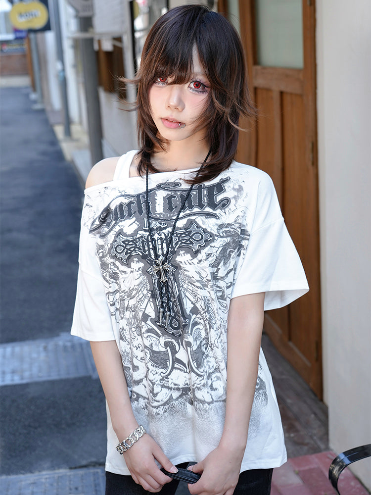 クロス柄 オフショルダー ビッグTシャツ