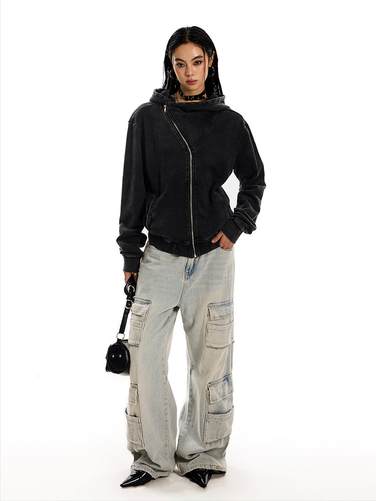 ウォッシュ加工斜めジップパーカー