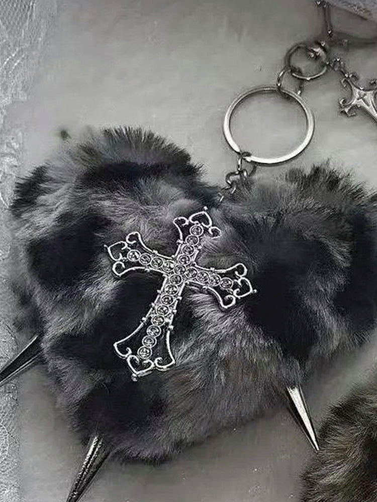 Y2K レオパードファー ハートクロス スタッズチャーム