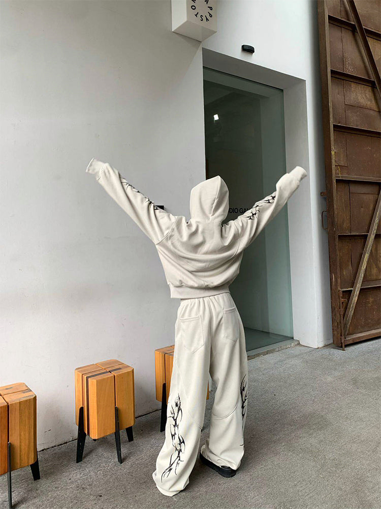 プリント カジュアル ジップアップフーディー セットアップ