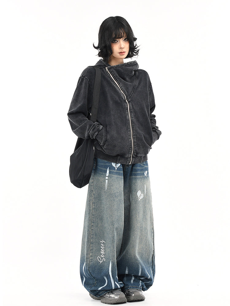 ウォッシュ加工斜めジップパーカー