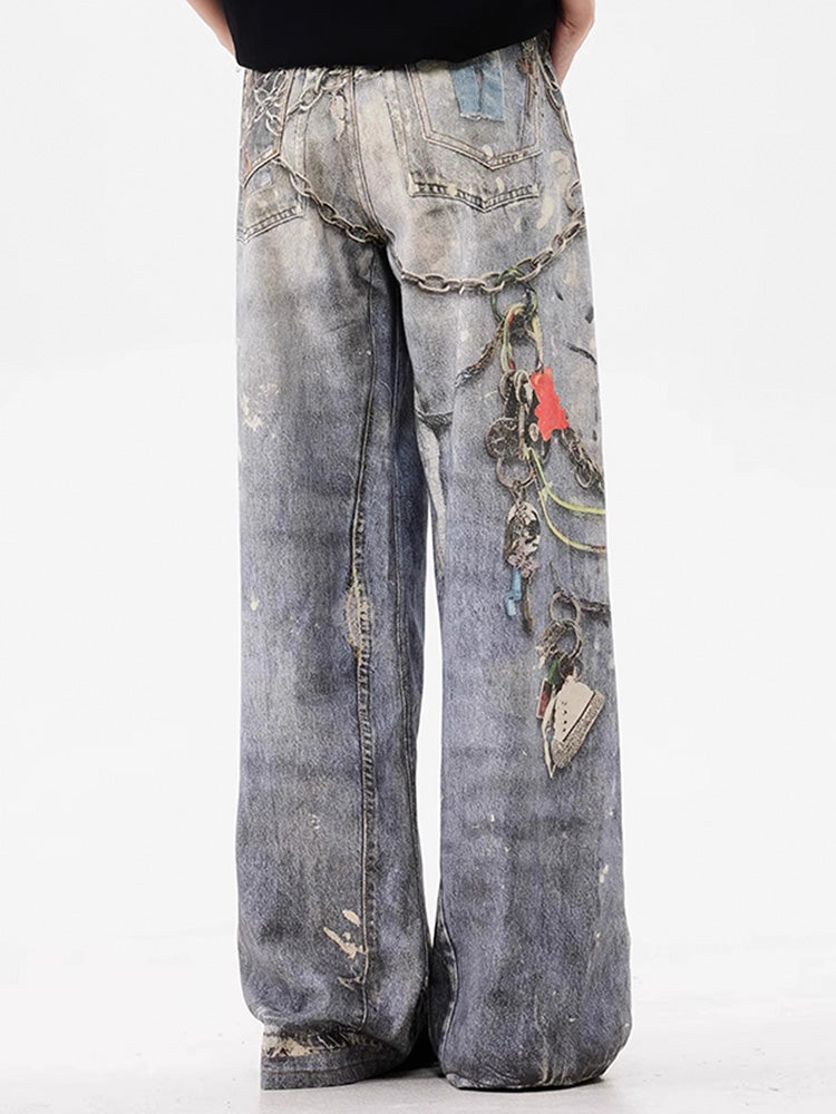 チェーンプリントヴィンテージ風デニムパンツ