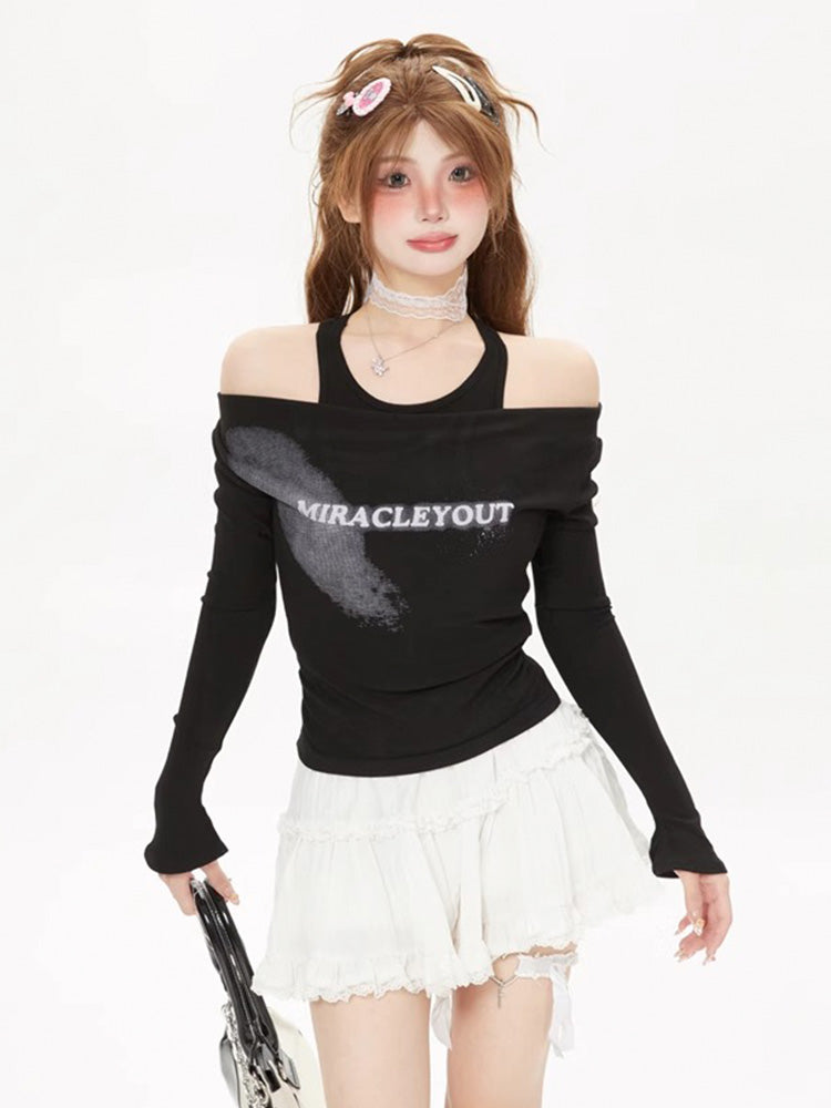 Y2K style off-the-shoulder long sleeves