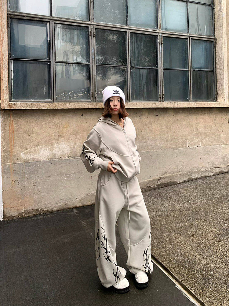 プリント カジュアル ジップアップフーディー セットアップ