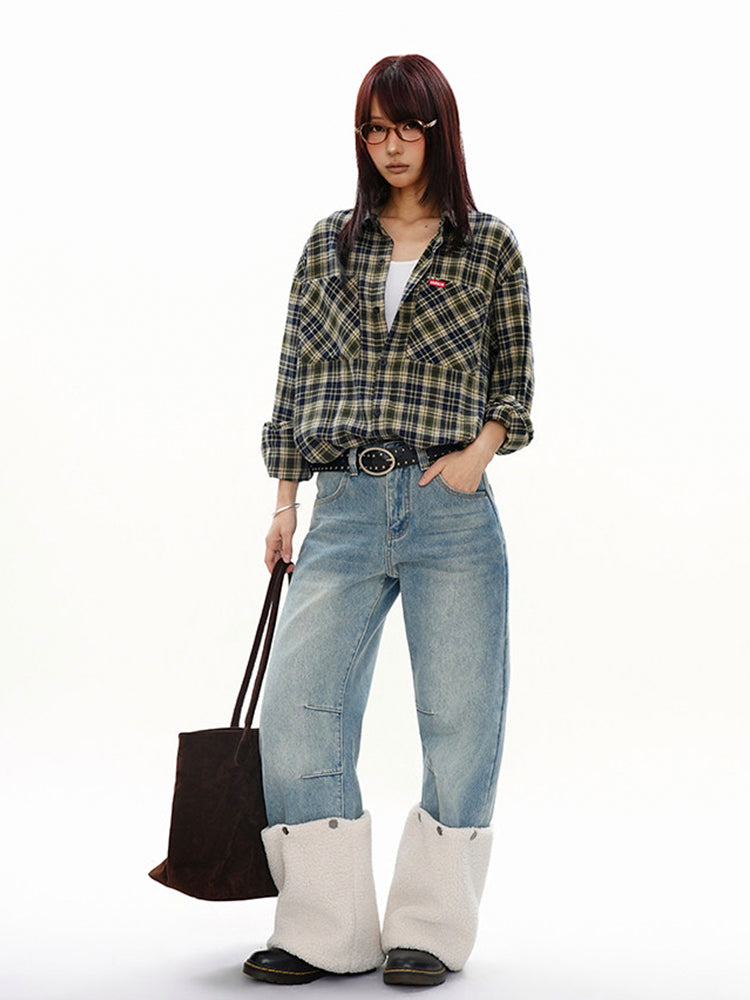 ヴィンテージ 配色 ブルー×グリーン チェックシャツ